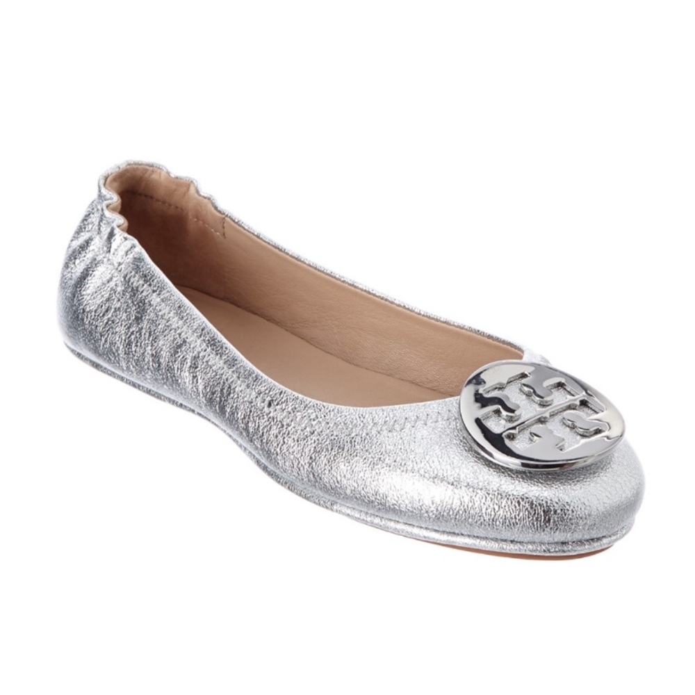 Tory Burch Silver Ballet Flats with Signature Logo